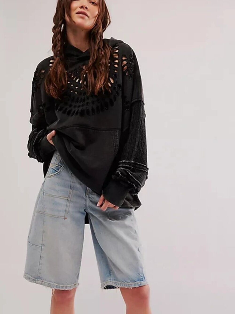 Free People Last Call Sweatshirt Washed Black Oversized Hoodie Tunic Top XS